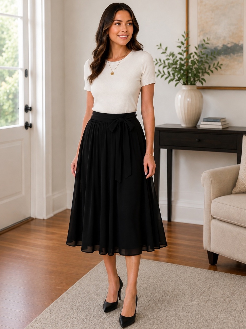 Versona Black A-Line Midi Skirt Tie Waist Flowy NWT Size Large. Lined Feminine